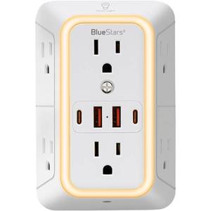 lot 1029 image: Wall Mount Power Strips Wall Charger 6 Outlet Extender 4 USB Ports (5V, 2.4A, 12W) and Night Light 3-Sided Power Strip with Adapter Spaced Outlets - Multi Plug Outlet Surge Protector, ETL Listed - Retail $24