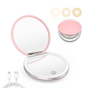 lot 1033 image: Pink Compact Mirror with Light, 1X3X Magnification LED Pocket Mirror - Retail $7