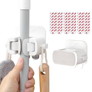 lot 1045 image: TAILI Mop and Broom Holder Wall Mount Grippers, 2 Hangers and 6 Adhesive Strips, Damage Free Hanging Wall Mount, Household Cleaning Organizer for Organization and Storage, Holds up to 4 lbs, White - Retail $14