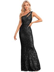 lot 1064 image: YHHOWEP Women Sequin Long Dress One Shoulder Sparkle Bodycon Glitter Evening Wedding Guest Formal Party Maxi Dresses Ball Gown Black M - Retail $90