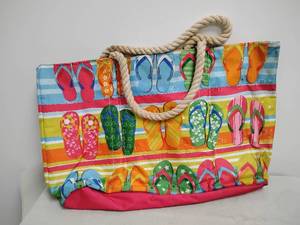 lot 3 image: Flip Flop Print Beach Tote Bag with Rope Handles