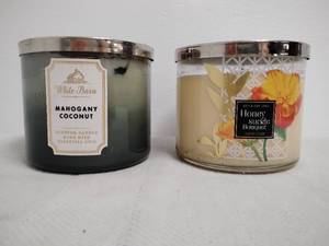 lot 45 image: Lot of 2 Scented Candles White Barn Mahogany Coconut Bath Body Works Honey Suckle Bouquet