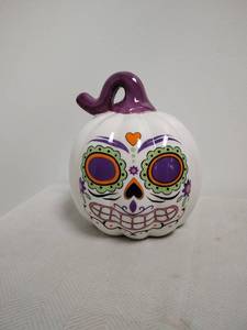 lot 73 image: Skull Pumpkin Decorative Ceramic Figurine Purple Handle 3.5 inch