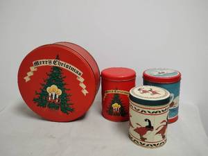 lot 75 image: Merry Christmas Tin Canister Lot 8 Pieces Holiday Storage