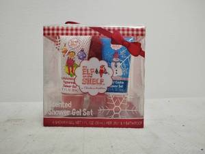 lot 130 image: Elf on the Shelf Scented Shower Gel Set 4 Gels 1 Bath Poof