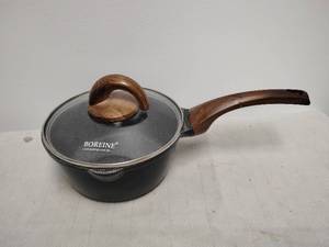 lot 139 image: Boreine Cookware Pot with Glass Lid and Wood Handle