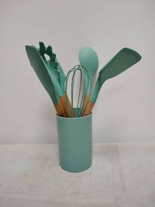 lot 152 image: Kitchen Utensil Set 6-Piece Turquoise Silicone Wood Handle with Holder