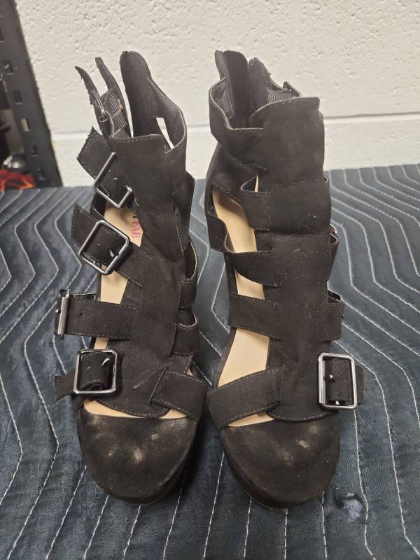 lot 25619 image: Just Fab Black Suede Buckle Strap Heeled Boots Size 8