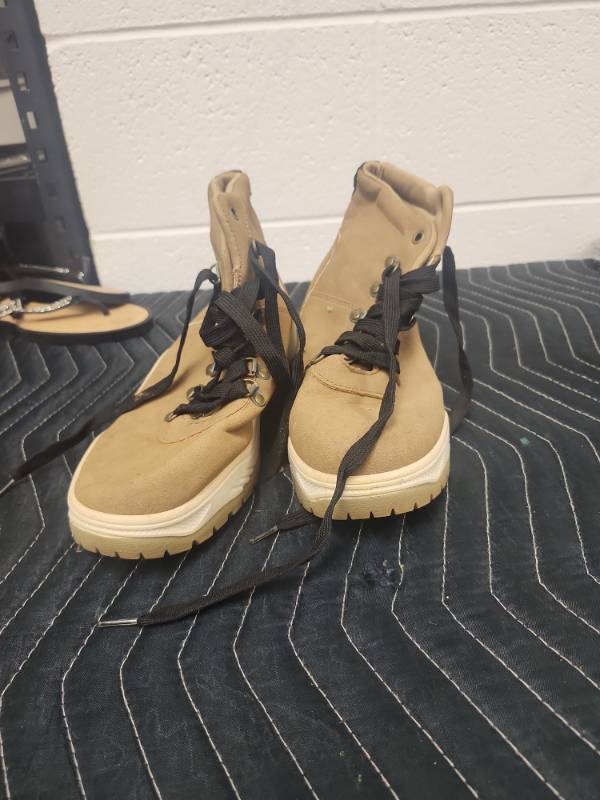 lot 25667 image: Tan Suede Lace-Up Ankle Boots with Black Straps