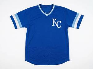 lot 4600 image: Kansas City Royals KC Blue Baseball Jersey w Striped Sleeves