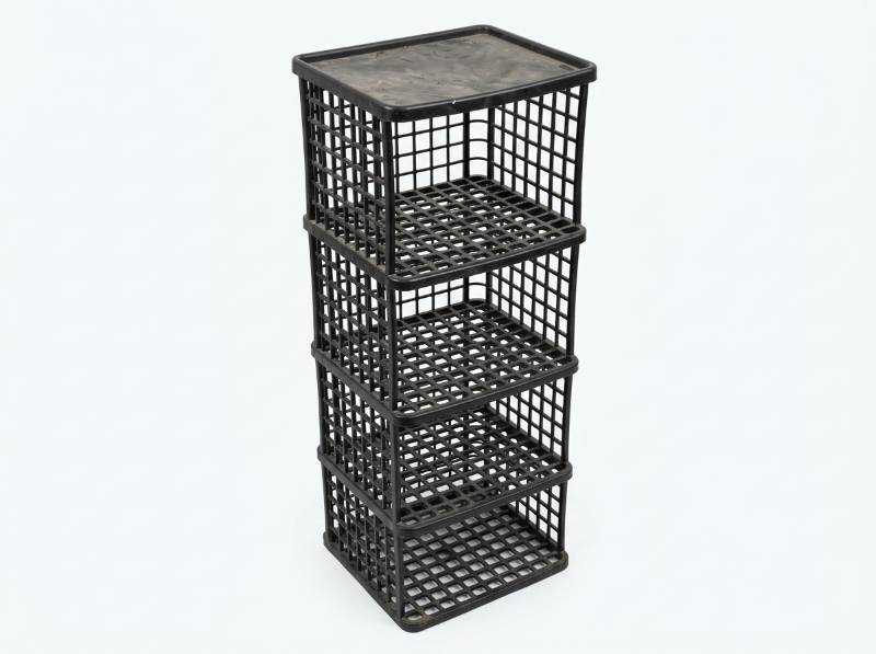 lot 3669 image: Black Plastic Utility Shelf w Storage Baskets
