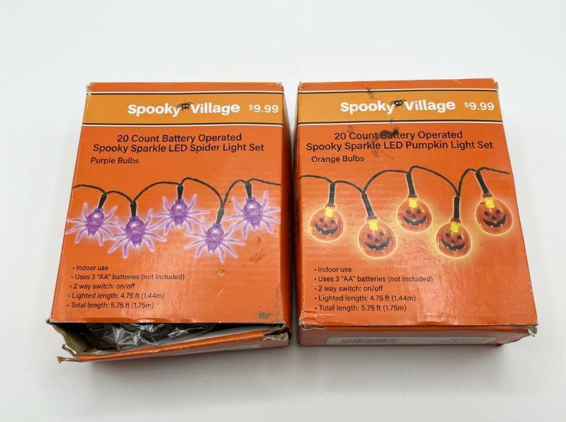 lot 3810 image: Spooky Village LED Light Sets (2) Spider Pumpkin Purple Orange