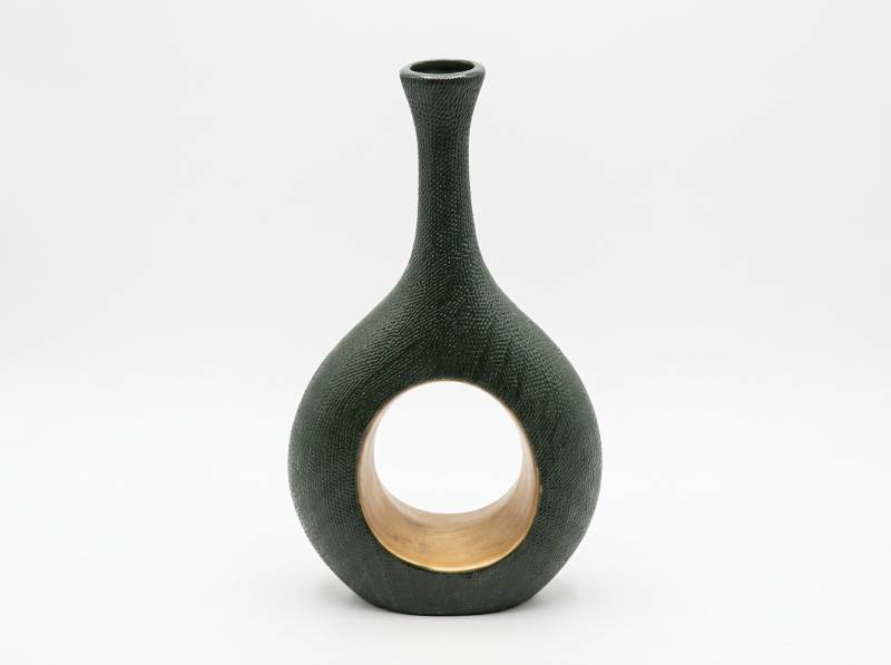 lot 3854 image: Decorative Vase with Gold Interior Dark Green Textured