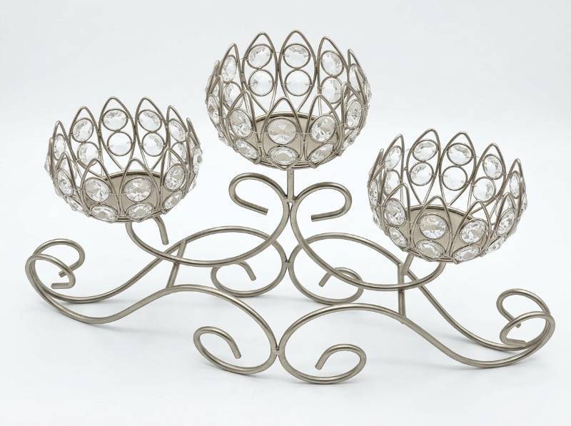 lot 3860 image: Three-Piece Metal Candle Holder Set w Crystal Accents