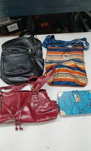 lot 4109 image: Lot of 4 Handbags Black Backpack, Striped Crossbody, Burgundy Shoulder, Turquoise Clutch