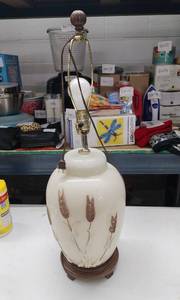 lot 4144 image: Ceramic Table Lamp with Wheat Design and Brass Arm