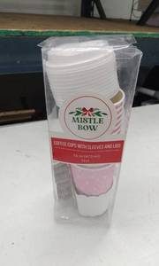 lot 4195 image: Mistle Bow 16oz Coffee Cups with Sleeves and Lids 12ct