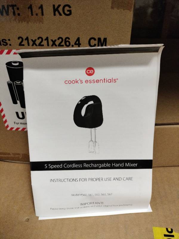 lot 10019 image: Cooks Essentials 5 Speed Cordless Rechargable Hand Mixer - Retail - $39.99