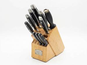 lot 4015 image: Hamilton Knife Block with Knife Set Black Handles - 9 Knives, 1 Sharpener