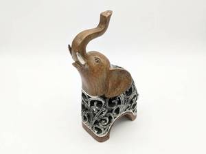 lot 4029 image: Wooden Elephant Figurine with Decorative Metal Base