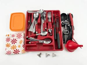 lot 4054 image: Flatware Set w Red Handles & Kitchen Accessories