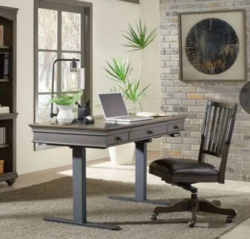 lot 21037 image: Adjustable Height Desk with Two Drawers Dark Wood Top NO LEGS - Retail $400