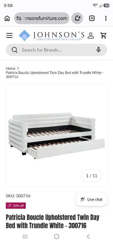 lot 21029 image: Patricia Boucle Upholstered Twin Day Bed with Trundle White 300716- NO ARMS - Retail $700