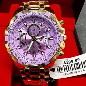 lot 2 image: New Mens 46mm Gold-Tone Chronograph Watch - Purple Tachymeter Dial