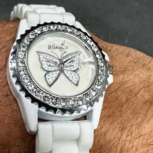 lot 16 image: Womens new 30mm Blingee White Butterfly Rhinestone Bezel Watch (see notes)