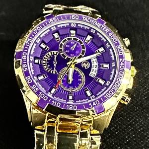 lot 28 image: Mens 46mm Gold-Tone Chronograph Watch - Purple Tachymeter Dial &amp Link Bracelet NEW