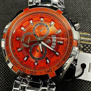 lot 43 image: Mens 46mm Chronograph Watch - Orange Dial, Tachymeter 400 Bezel &amp Bracelet NEW