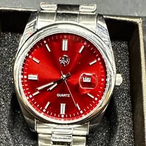 lot 45 image: Mens new 40mm Classic Quartz Watch - Red Dial, Date Window &amp Metal Bracelet