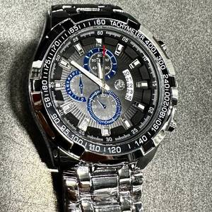 lot 51 image: Mens 46mm Chronograph Watch - Black Dial, Blue Subdials &amp Tachymeter Bezel - NEW