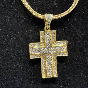 lot 56 image: New Gold-Tone Cross Pendant Necklace with Rhinestone Accents &amp 24 Chain