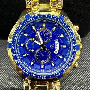 lot 65 image: Mens 46mm Gold-Tone Chronograph Watch - Blue Dial &amp Tachymeter Bezel - NEW