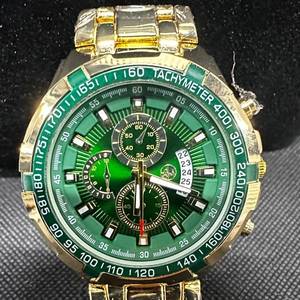 lot 76 image: Mens 46mm Gold-Tone Chronograph Watch - Green Dial &amp Tachymeter Bezel - NEW