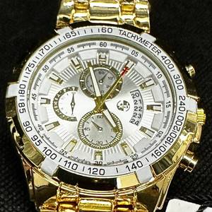lot 69 image: Mens 46mm Gold-Tone Chronograph Watch - White Dial &amp Tachymeter Bezel - NEW