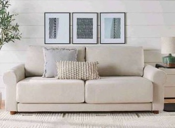 lot 20638 image: Better Homes & Gardens Owen 87.6 Rolled Arm Sofa, Effie Linen, Comes In 3 Boxes- Retail $698
