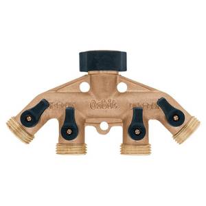 lot 6348 image: Heavy-Duty Brass 4-Way Shut-Off Hose Faucet Manifold Hose Connector - Retail $29