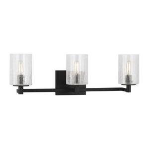 lot 6385 image: Parker 24.625 in. W x 7.75 in. H 3-Light Midnight Black Bathroom Vanity Light with Clear Crackle Glass Shades - Retail $121