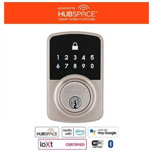 lot 6455 image: Square Compact Satin Nickel Electronic Single Cylinder Deadbolt Wi-Fi Enabled Powered by Hubspace - Retail $179