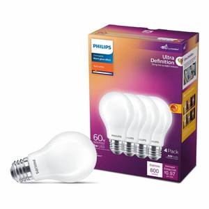 lot 6464 image: Philips Ultra Definition LED 60-Watt A19 Light Bulb  Frosted Soft White  Dimmable  E26 Medium Base (4-Pack) - Retail $32