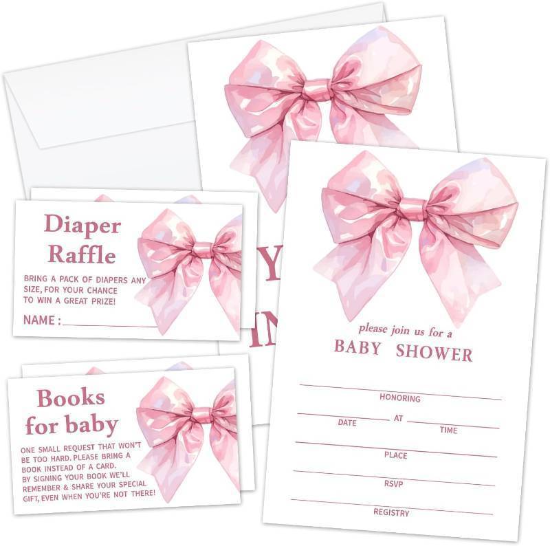 lot 66690 image: Baby Shower Invitation Set - 25 Greeting Cards With Envelopes, 25 Book Request Cards & 25 Diaper Raffle Tickets, Pink Bow Gender Neutral Baby Shower Party Supplies Favor for Girls Boys -03