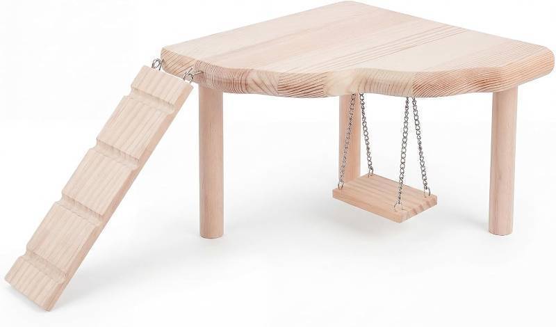 lot 66691 image: Wooden Hamster Platform with Swing and Ladder Assembly Required Freestanding Small Pet Cage Climbing Shelf Natural Wood Play Accessory for Dwarf Syrian Hamsters Gerbils Mice Rats and Degus