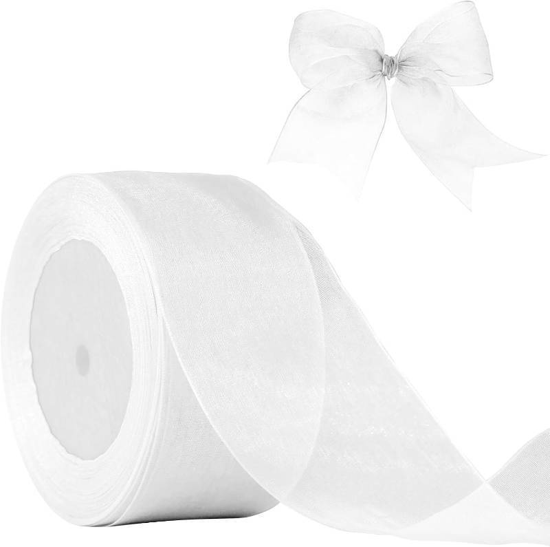 lot 66761 image: 2X 50 Yards White Organza Chiffon Ribbon 2 inch X 50 Yards Sheer Ribbon