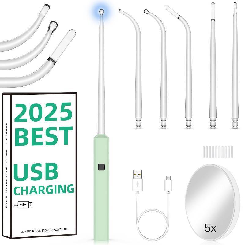 lot 66791 image: Tonsil Stone Remover 6pcs Extended LED Light Guiding Scoop Curved Tonsil Stone Removal Kit Remove Tonsil Stone Water Flosser Oral Irrigator (Green)