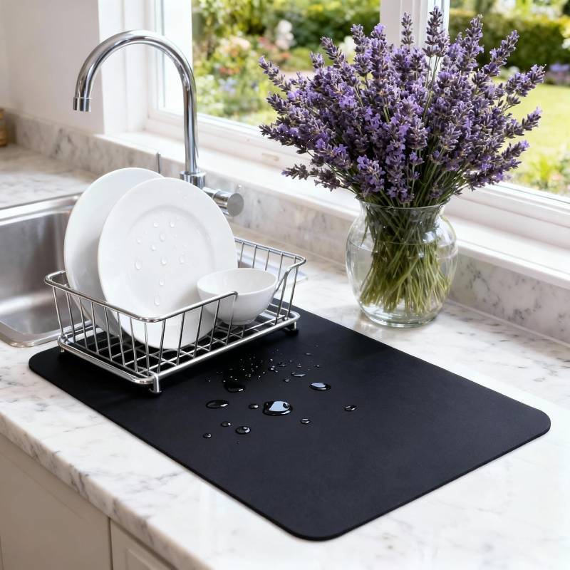 lot 66796 image: 16 x 12 Dish Drying Mat Super Absorbent   16 x 12 Coffee Mat for Countertops   Non-Slip Drying Mat for Kitchen Counter   Easy to Clean Water Absorbent Mat   Quick Dry Dish Drying Mats (Black)