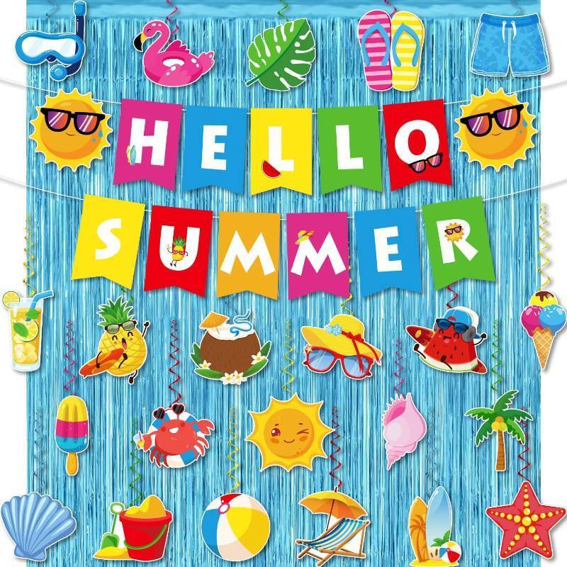 lot 66829 image: Summer Party Decorations, NO-DIY Beach Party Decorations Include 1 Pc Hello Summer Banner, 1Pc Blue Foil Fringe Curtain and 22 Pcs Hanging Decorations for Holiday Home Office Classroom
