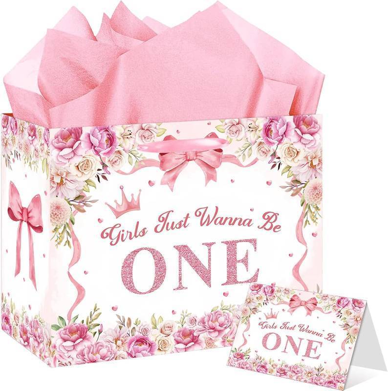 lot 66871 image: 1 Count (Pack of 1) LOYUJI Large 1st Birthday Gift Bag, Pink Bow First Birthday Gift Bag with Card and Tissue Paper, Girls Just Wanna Be One Bday Decorations for Baby Girls, One Year Old Girl Bday Par