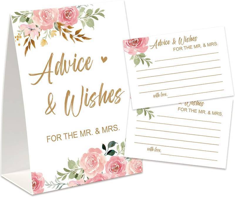 lot 66874 image: 5x7 inches (sign), 4x6 inches (cards) Advice and Wishes for The Mr and Mrs, Advice Cards for Bride and Groom 30 Pcs, Love is in Bloom Decor, Bridal Shower Wedding Games and Decorations Supplies-ANWFM0